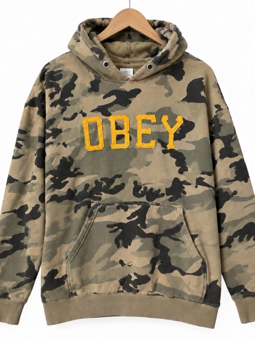 OBEY XL Camo Pullover Hoodie Green Yellow Logo Distressed